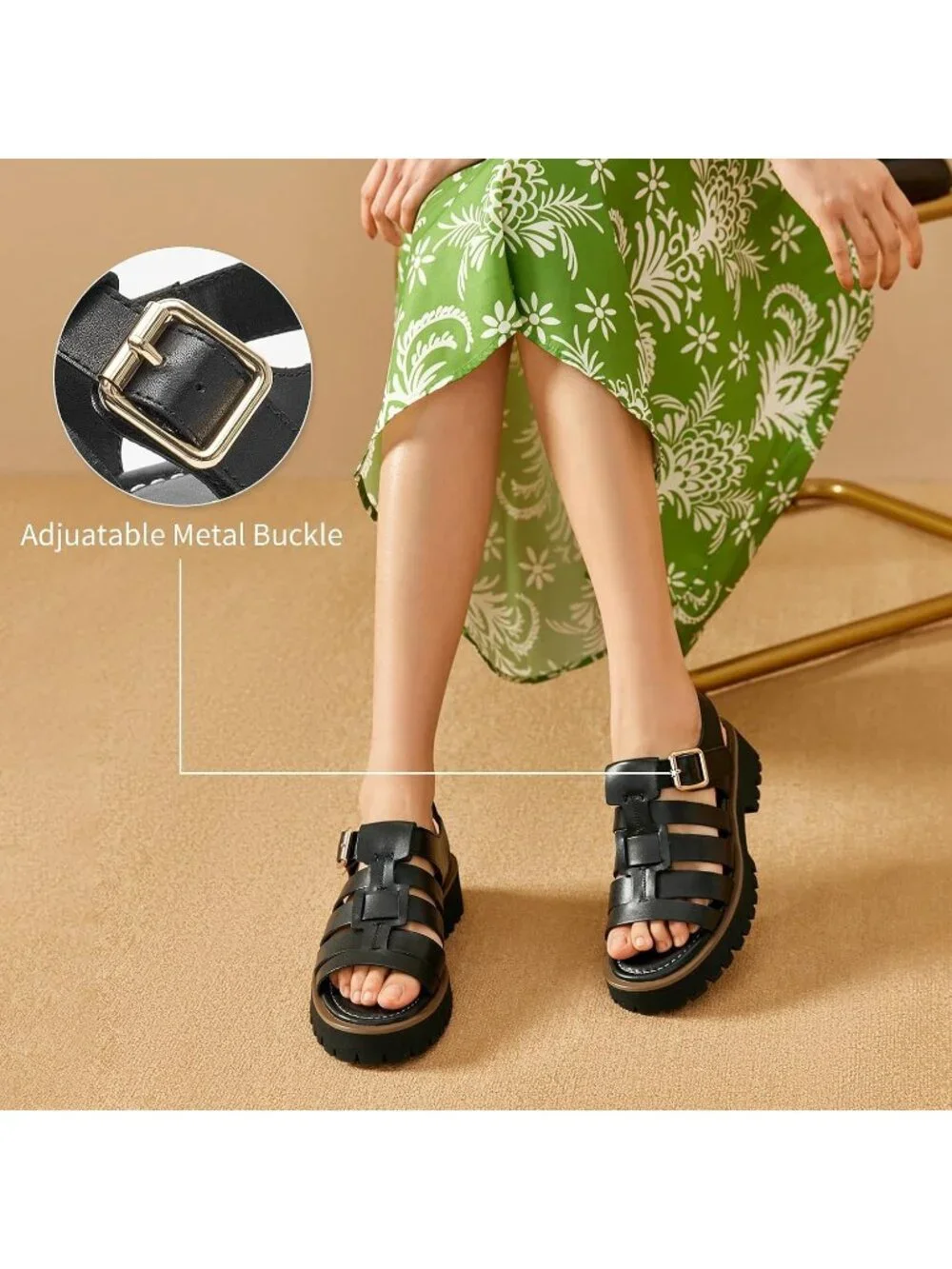 Women's Black Chunky Gladiator Open Toe Leather Platform Fisherman Sandal Shoes